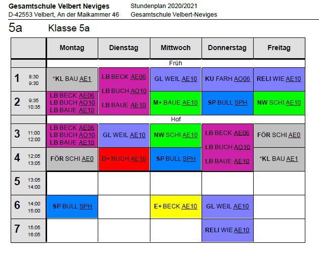 Beispielstundenplan einer 5. Klasse